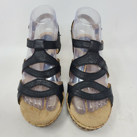 Born Boc Black Leather Cork Wedge Platform Sandals - Picture 5 of 7